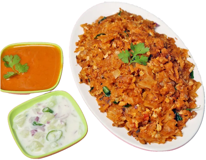 Koththu roti with curry gravy and raita